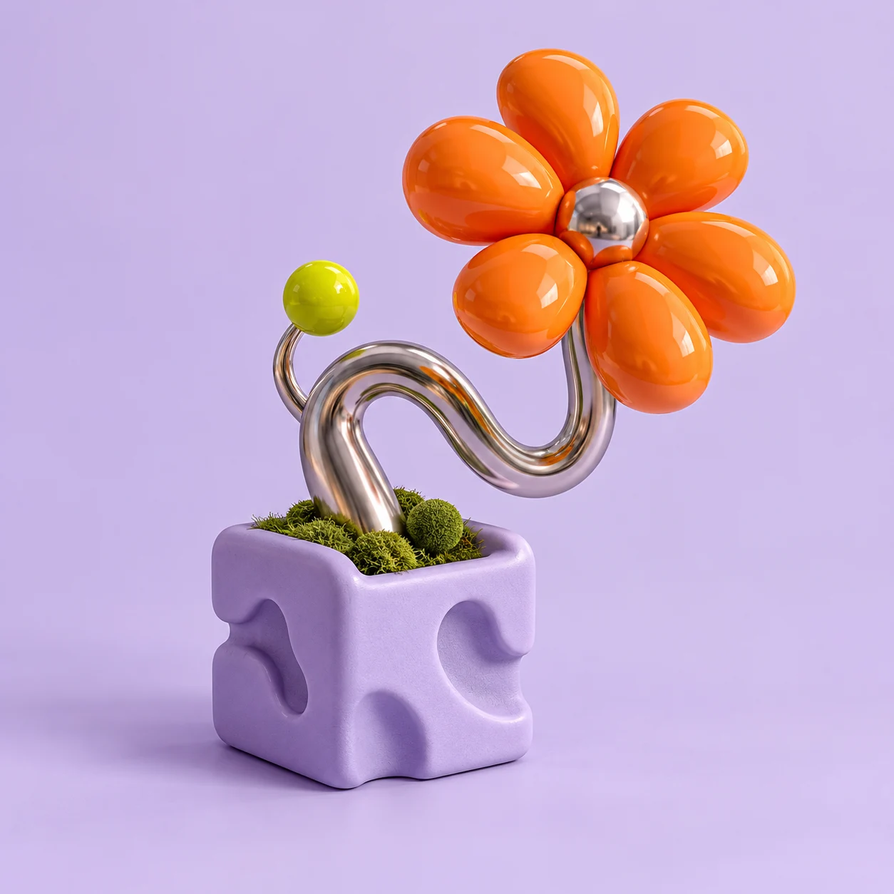A surreal orange bloom growing from a chrome pipe and lavender cube