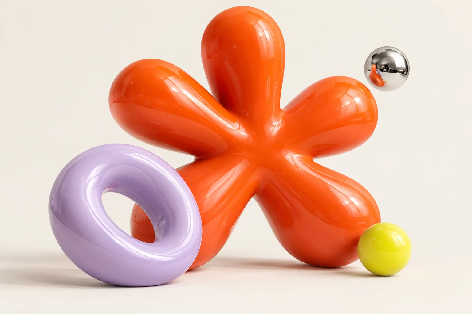 A glossy orange bloom, lavender ring and chrome sphere: ordinary shapes with an unexpected twist